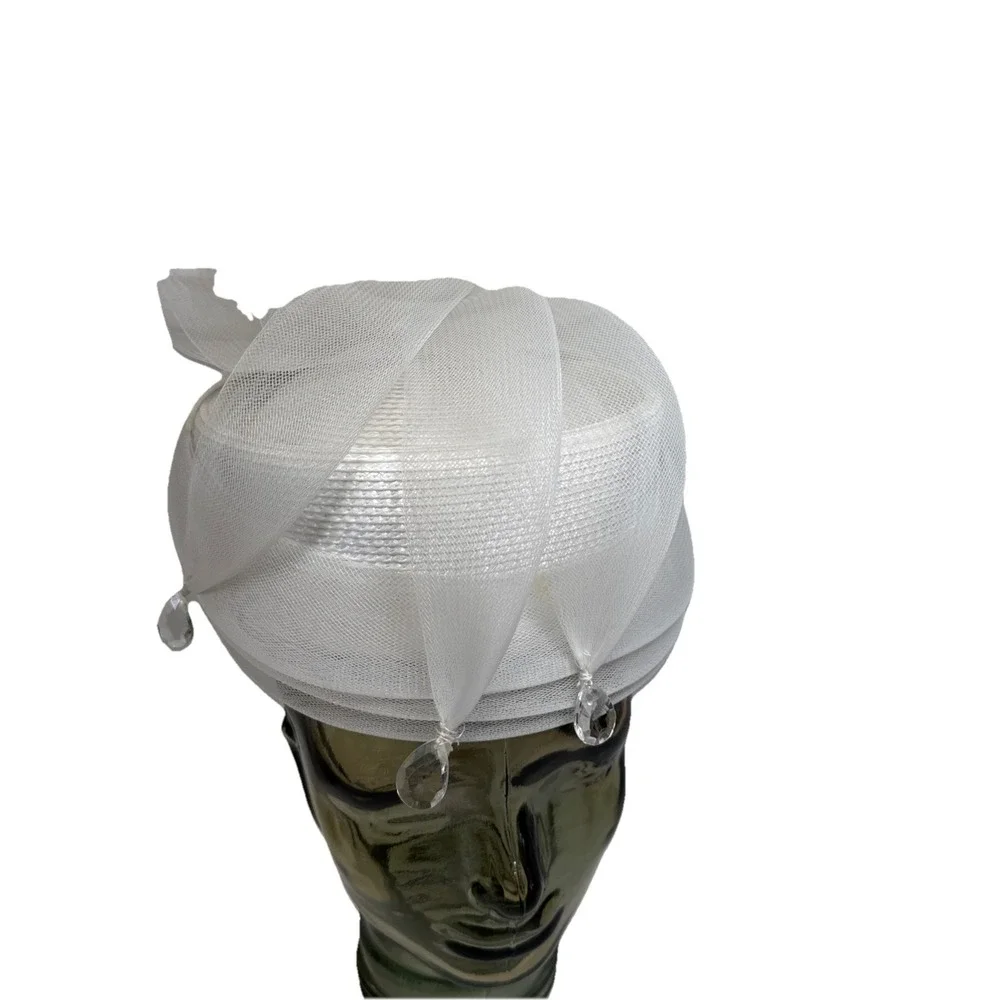 White Church Derby Hat Lg Bow Rhinestone, Formal Wedding Tea Party W/Hard Box